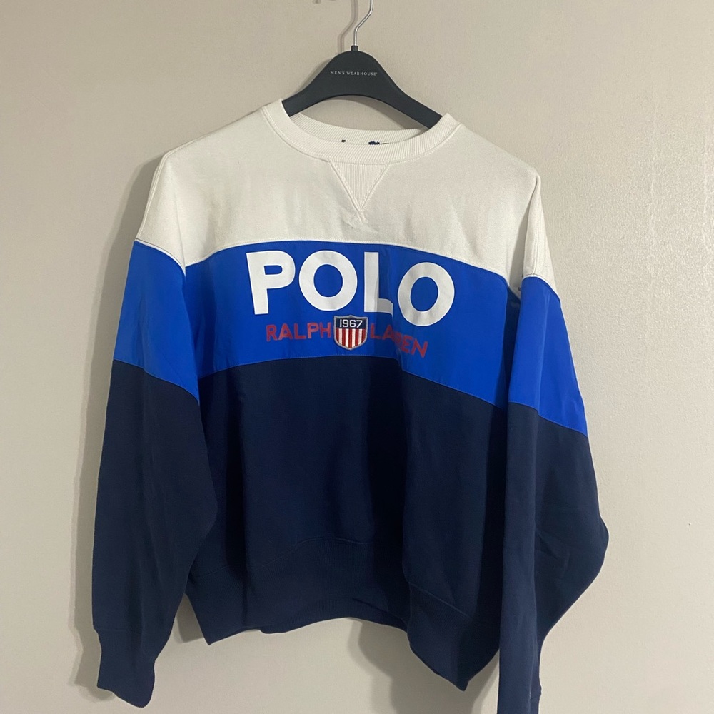 Polo by Ralph Lauren Men's Blue, White, and Navy Crewneck Sweater